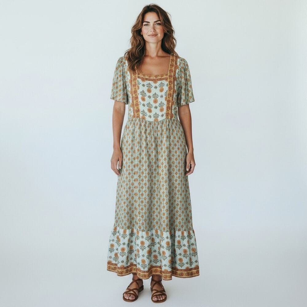 Anna Kaci Maxi Dress Small Mixed Print Tiered Smocked Cottagecore Boho NWT - Picture 2 of 12